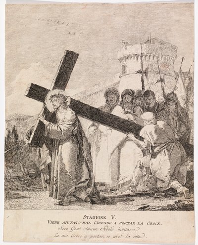 Via crucis - Estación V. Simón de Cirene ayuda a Jesús a llevar la cruz de Giovanni Domenico Tiepolo