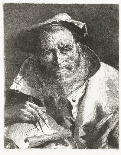 Científico con boina en la cabeza y brújula en mano Colección de cabezas (título de la serie) Raccolta di Teste (título de la serie) de Giovanni Domenico Tiepolo