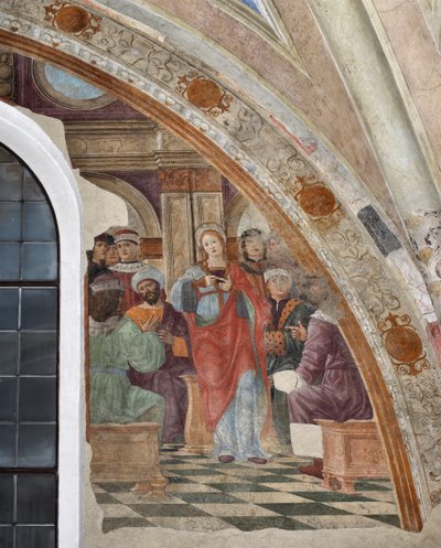 Representación de la disputa entre Santa Catalina de Alejandría y los paganos. Fresco de Giovanni Donato da Montorfano (1460-1502) Milán, Basílica de Santa Maria delle Grazie de Giovanni Donato Montorfano