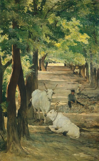 Avenida con bueyes y rompedor de piedras, por Giovanni Fattori (1825-1908) de Giovanni Fattori