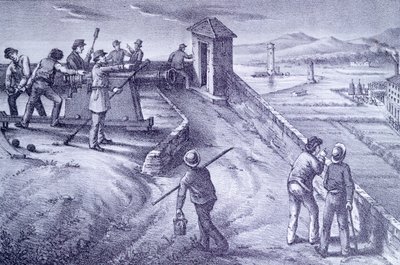 Defensa de Livorno desde el Fuerte San Pietro, grabado de Giovanni Fattori