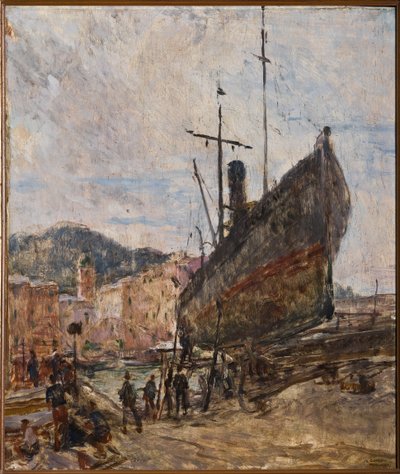 Puerto y barco (óleo sobre tabla) de Giovanni Forghieri
