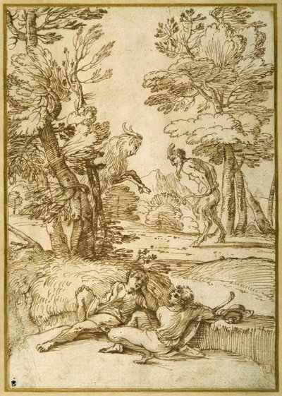 Un paisaje con dos pastores descansando, mientras un sátiro y una cabra bailan de Giovanni Francesco Grimaldi