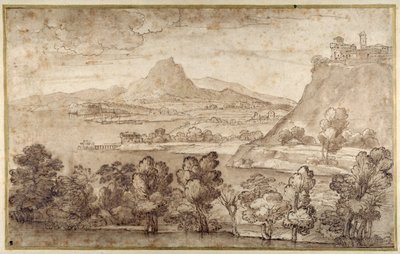 Paisaje con una ciudad en una colina y una montaña más distante de Giovanni Francesco Grimaldi