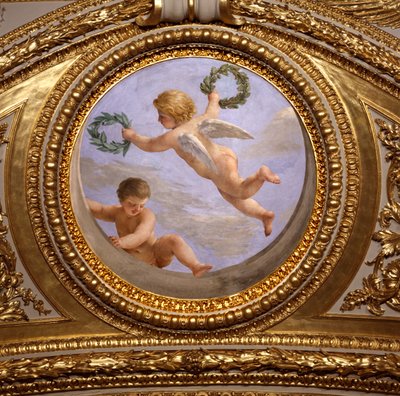 El amor de la paz. Decoración del techo del Salón Antonino, dormitorio de los apartamentos de verano de la reina Ana de Austria de Giovanni Francesco Romanelli