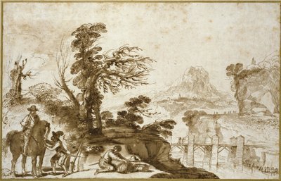 Paisaje con un jinete y un puente de Giovanni Francesco Barbieri