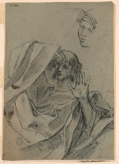 Estudios de dibujo con rostro de mujer y hombre reclinado, y mano derecha con antebrazo de Giovanni Francesco Barbieri