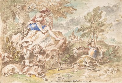 Joven cazador con sus perros en un paisaje, 1641-1710 de Giovanni Francesco Castiglione