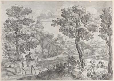Un grupo de personas jugando a las cartas a la derecha y un hombre a caballo a la izquierda de Giovanni Francesco Grimaldi