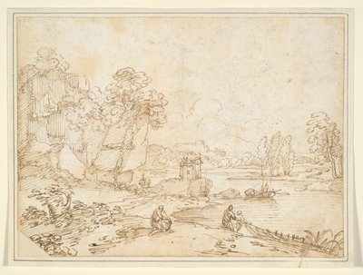 Acantilados en Riverbank con pescadores de Giovanni Francesco Grimaldi