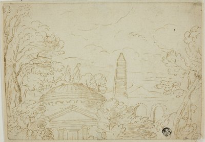 Paisaje con templo, obelisco y acueducto de Giovanni Francesco Grimaldi