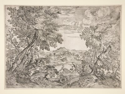 paisaje con tres hombres por un río de Giovanni Francesco Grimaldi