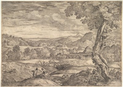 Paisaje con una fábrica de ladrillos en el medio, un hombre de pie en primer plano de Giovanni Francesco Grimaldi