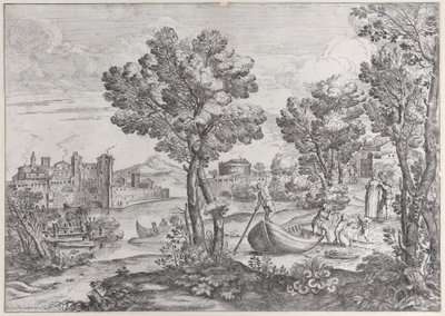 Paisaje con un hombre sosteniendo una serpiente a un niño aterrorizado, observado por una vestida a la moda..., 1626-80 de Giovanni Francesco Grimaldi