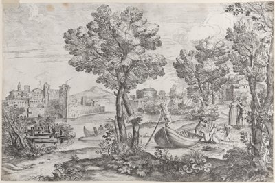 Paisaje con un hombre sosteniendo una serpiente a un niño aterrorizado de Giovanni Francesco Grimaldi
