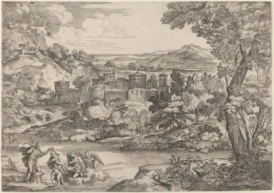 El bautismo de Cristo, en un paisaje montañoso de Giovanni Francesco Grimaldi