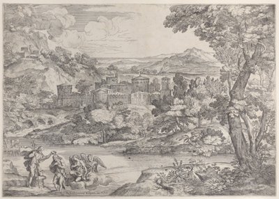 El bautismo de Cristo en la parte inferior izquierda, dentro de un paisaje, 1626-80 de Giovanni Francesco Grimaldi
