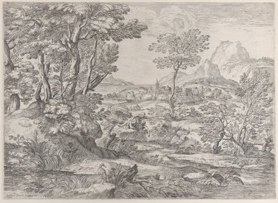 Tres niños en un paisaje con una ciudad al fondo, 1626-80 de Giovanni Francesco Grimaldi