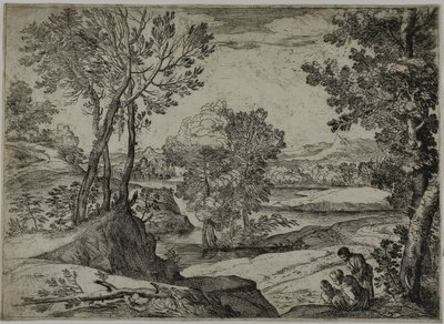 Mujer, Su Hijo y un Hombre de Pie en un Paisaje de Giovanni Francesco Grimaldi