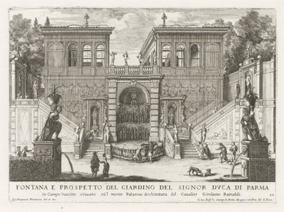 Farnesische Tuinen te Roma Fuente y alzado del jardín del Duque de Parma (...) (título sobre objeto) Las fuentes en los palacios y jardines de Roma (título de la serie) Fonteinen in de paleizen en tuinen van Rome (título de la serie) de Giovanni Francesco Venturini