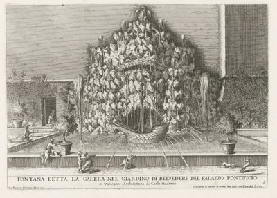 Fuente de la Galera en de Vaticaanse tuinen Fuente llamada la galera en el jardín de Belvedere del Palacio Papal (...) (título sobre objeto) Las fuentes en los palacios y jardines de Roma (título de la serie) Fonteinen in de paleizen en tuinen van Rome (se de Giovanni Francesco Venturini