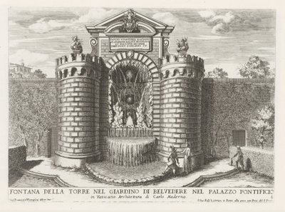 Fontein in de Vaticaanse tuinen Fuente de la torre en el jardín de Belvedere en el Palacio Papal (...) (título sobre objeto) Las fuentes en los palacios y jardines de Roma (título de la serie) Fonteinen in de paleizen en tuinen van Rome (título de la serie de Giovanni Francesco Venturini