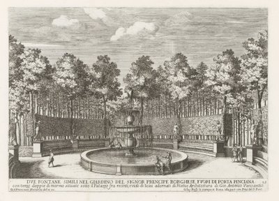 Fontein de Villa Borghese en Roma Dos fuentes similares en el jardín del Signor prencipe Borghese (...) (título sobre el objeto) Las fuentes en los palacios y jardines de Roma (título de la serie) Fonteinen in de paleizen en tuinen van Rome (título de la s de Giovanni Francesco Venturini