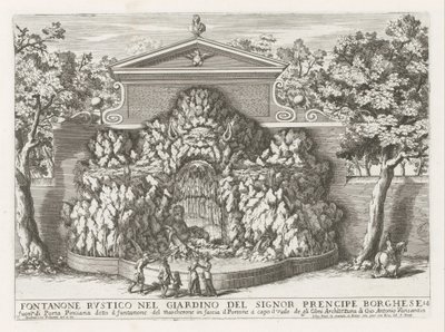 Fontein de Villa Borghese en Roma Fuente rústica en el jardín del Sr. prencipe Borghese (...) (título sobre objeto) Las fuentes en los palacios y jardines de Roma (título de la serie) Fonteinen in de paleizen en tuinen van Rome (título de la serie) de Giovanni Francesco Venturini