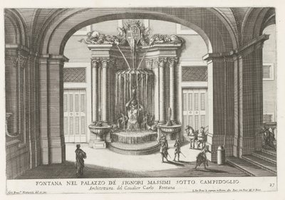 Fontein in de binnenplaats van het Palazzo Massimo di Rignano te Rome Fuente en el Palazzo de Signori Massimi bajo el Campidoglio (título sobre el objeto) Las fuentes en los palacios y jardines de Roma (título de la serie) Fonteinen in de paleizen en tuine de Giovanni Francesco Venturini