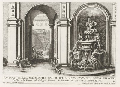 Fontein en een binnenplaats van het Palazzo Doria Pamphilj te Rome Fuente ubicada en el gran patio del Palazzo Nuovo del Signor prencipe (...) (título sobre objeto) Las fuentes en los palacios y jardines de Roma (título de la serie) Fonteinen in de paleize de Giovanni Francesco Venturini