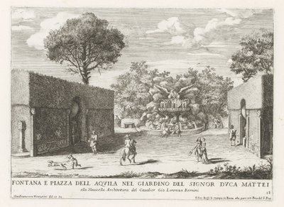Fontein conoció a adelaar en de tuinen van de Villa Celimontana te Rome Fuente y piazza del aquila en el jardín del Sr. Duke Mattei (...) (título sobre objeto) Las fuentes en los palacios y jardines de Roma (título de la serie) Fonteinen in de paleizen en  de Giovanni Francesco Venturini