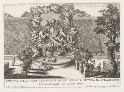 Fuente con escudo papal, dos tritones y delfines Fontana nella casa del signor Paolo strada situata in strada nova (título sobre objeto) Le fontane ne palazzi e ne giardini di Roma (título de la serie) Fuentes en los Palacios y Jardines de Roma ( de Giovanni Francesco Venturini