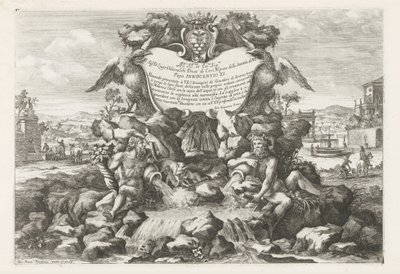 Fuente con dedicatoria y escudo de armas de Livio Odescalchi Le fontane ne palazzi e ne giardini di Roma (título de la serie) Fuentes en los Palacios y Jardines de Roma (título de la serie) de Giovanni Francesco Venturini