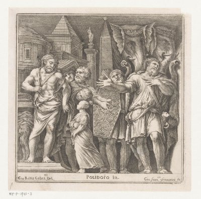 Grupo de figuras y dos elefantes en una ciudad. de Giovanni Francesco Venturini