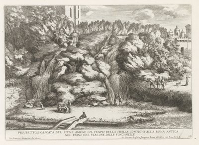 Paisaje con cascada en Tempel van de Tiburtijnse Sibille t y Tivoli Alzado y cascada del río aniene con el templo de la sibila (...) (título sobre objeto) Las fuentes del jardín Estense en Tivoli (título de la serie) Fonteinen in de tuinen van Villa d
