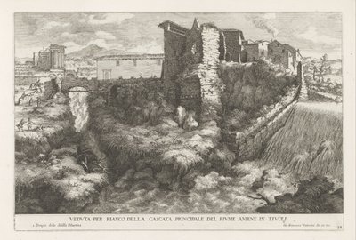 Landschap met waterval en tempel van de Tiburtijnse Sibille t y Tivoli Vista lateral de la cascada principal del río Aniene en Tivoli (título sobre el objeto) Las fuentes del jardín Estense en Tivoli (título de la serie) Fonteinen in de tuinen van Villa d
