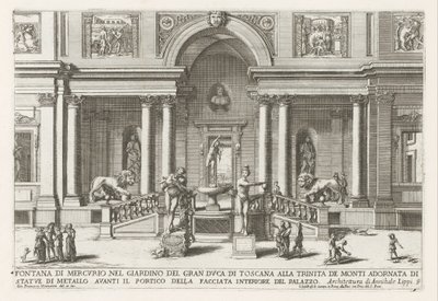 Loggia en tuin van de Villa Medici te Rome Fuente de Mercurio en el jardín del Gran Duque de Toscana en Trinita de Monti (...) (título sobre objeto) Las fuentes en los palacios y jardines de Roma (título de la serie) Fonteinen in de paleizen en tuinen van  de Giovanni Francesco Venturini