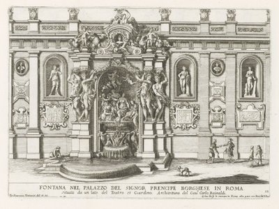 Ninfeo en de binnenplaats van het Palazzo Borghese te Rome Fuente en el palacio del señor prencipe Borghese en Roma (...) (título sobre objeto) Las fuentes en los palacios y jardines de Roma (título de la serie) Fonteinen in de paleizen en tuinen van Rome  de Giovanni Francesco Venturini