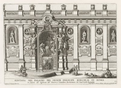 Ninfeo en de binnenplaats van het Palazzo Borghese te Rome Fuente en el palacio del señor prencipe Borghese en Roma (...) (título sobre objeto) Las fuentes en los palacios y jardines de Roma (título de la serie) Fonteinen in de paleizen en tuinen van Rome  de Giovanni Francesco Venturini