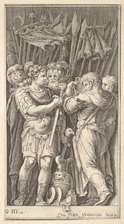 Soldados, uno mostrado de frente y sosteniendo una espada, a la derecha un soldado con su espalda... de Giovanni Francesco Venturini