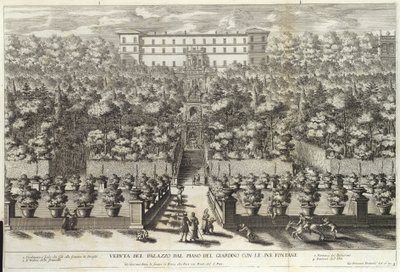 Veduta del Palazzo dal Piano del Giardino con le sue Fontane, de La Fontane, pub. c 1691 de Giovanni Francesco Venturini