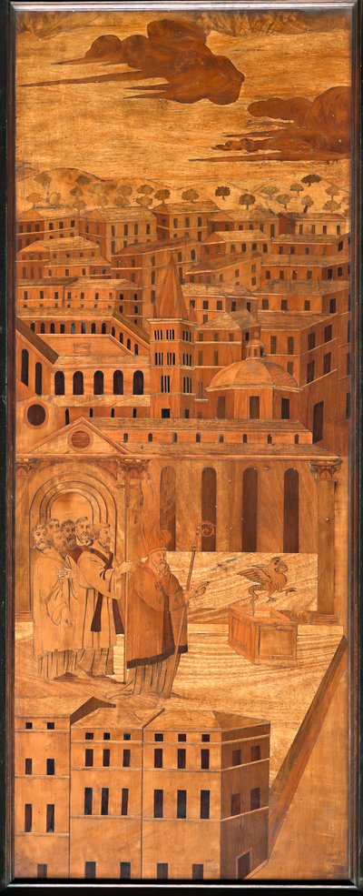 Génova, Catedral de San Lorenzo, interior, ábside, coro, lado norte: "San Syrus ahuyenta al basilisco", intarsia de madera de Anselmo De