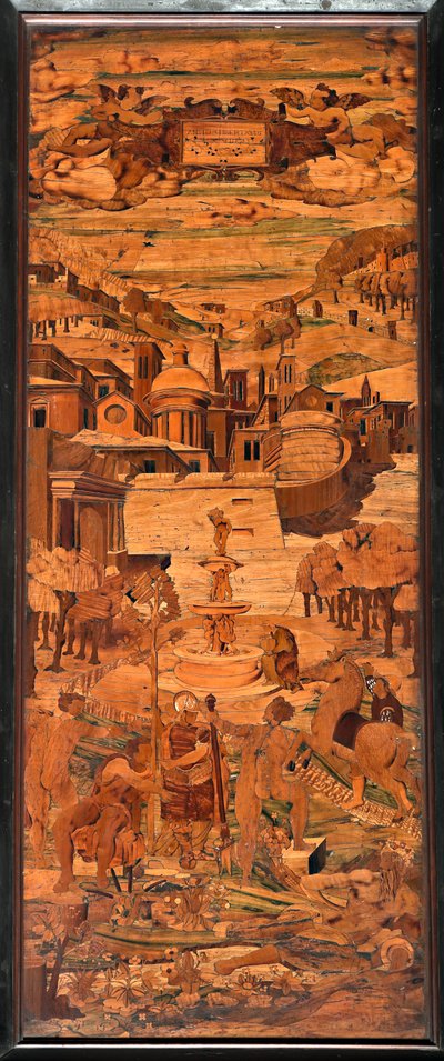 Génova, Duomo (Catedral de San Lorenzo), interior, ábside, coro, lado sur: "Alegoría", intarsia de madera de Giovanni Francesco Zambelli (siglo XVI) de Giovanni Francesco Zambelli