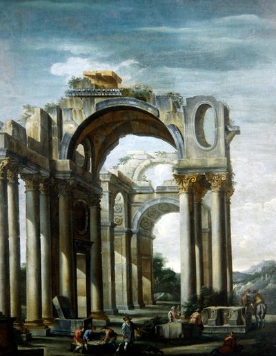 Un capricho de ruinas clásicas con figuras de Giovanni Ghisolfi