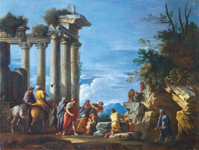 Ruina de un templo con Pitágoras emergiendo del inframundo, segunda mitad del siglo XVII de Giovanni Ghisolfi