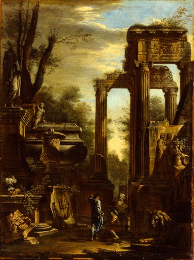Capricho de ruinas clásicas y estatuas con figuras conversando de Giovanni Ghisolfi