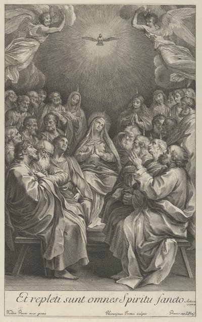 La Virgen con apóstoles mirando hacia la Paloma Sagrada y dos ángeles, después de Reni, 1700-50 de Giovanni Girolamo Frezza