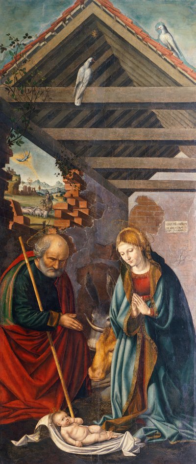 Adoración del Niño, panel central del tríptico que representa la Natividad con los santos Francisco y Bartolomé y dos donantes de Giovanni Girolamo Savoldo