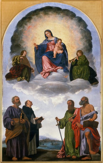 Madonna en gloria con el Niño Jesús, dos ángeles músicos, San Pedro, San Domingo, San Pablo y San Jerónimo (Retablo de Pesaro) de Giovanni Girolamo Savoldo