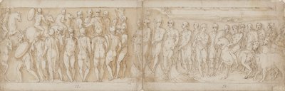 Los bárbaros saludan al emperador (CXIV); los alemanes y sármatas son llevados a través del Danubio en barco (interpretado de manera diferente por Guerra; CXV) de Giovanni Guerra